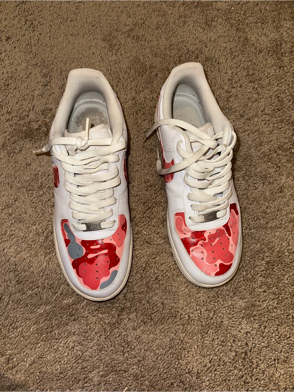 White Nike Air Force 1 Sneakers with Painted on Red Camouflage